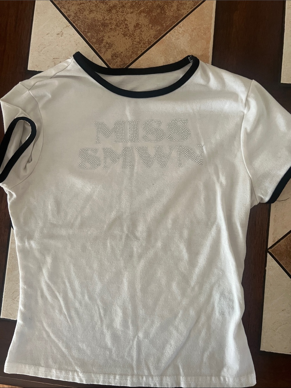 PLAYBOY White Short Sleeve Tee with Black Trim and Rhinestone Logo